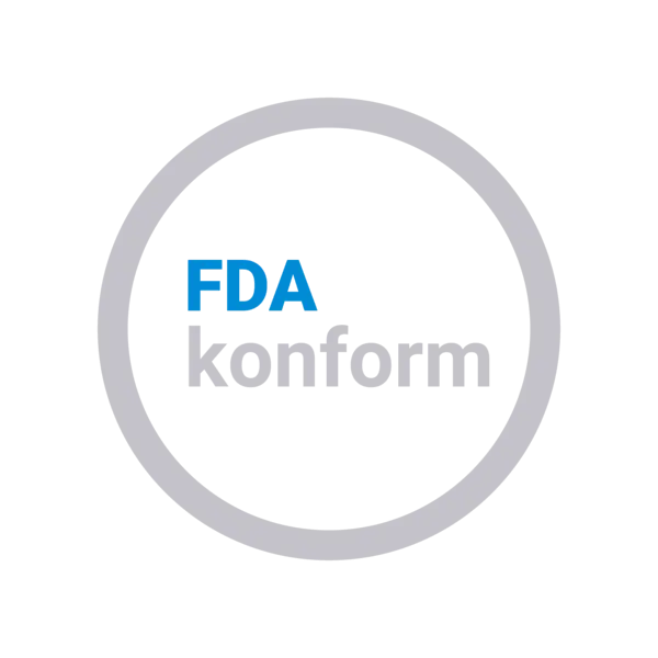 Rundes Symbol mit grauem Kreis und der Aufschrift ‚FDA konform‘ in blauer und grauer Schrift, Hinweis auf FDA-Zulassung