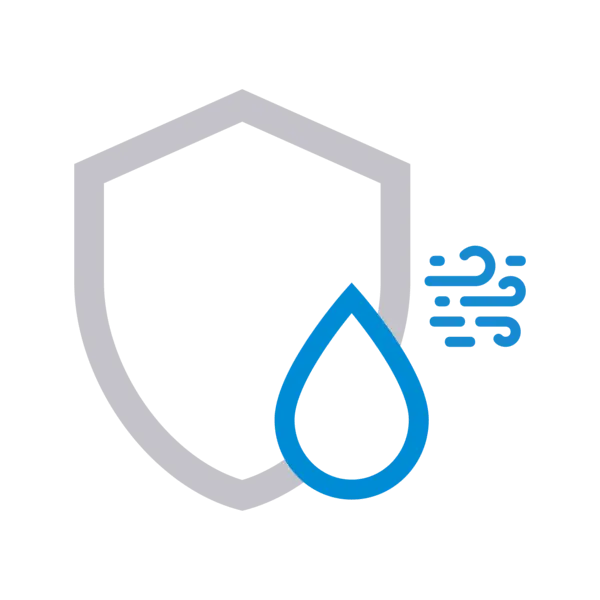 Symbol eines Schutzschilds mit blauer Wassertropfen- und Schmutz-/Windgrafik – steht für die Eignung des Materials für Umgebungen mit Nässe oder Schmutz.