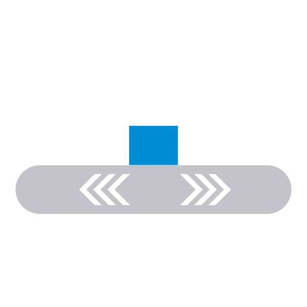 Symbolgrafik eines Förderbands mit einem kleinen blauen Block und weißen Pfeilen – steht für eine geringe Mitnahmekraft des Fördersystems.