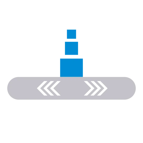 Symbolgrafik eines Förderbands mit einem großen blauen Mitnahmeblock und weißen Pfeilen.