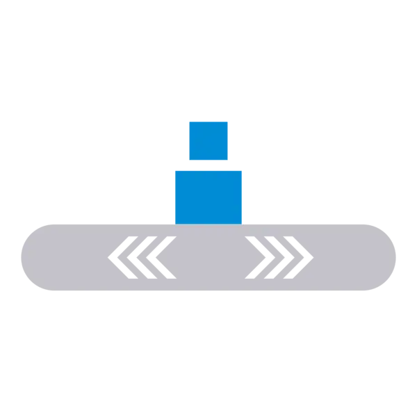Symbol für mittlere Mitnahmekraft: Eine graue Förderbandfläche mit weißen Pfeilen und einem blauen Mitnehmerprofil in mittlerer Höhe.