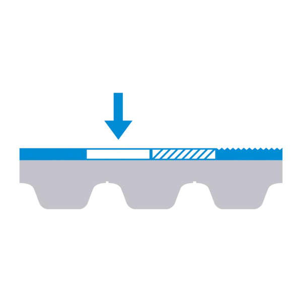 Symbolgrafik eines Förderbands mit feiner, gleichmäßiger Oberflächenstruktur; ein blauer Pfeil zeigt von oben auf die glatte Beschichtung – steht für eine feine Oberfläche.