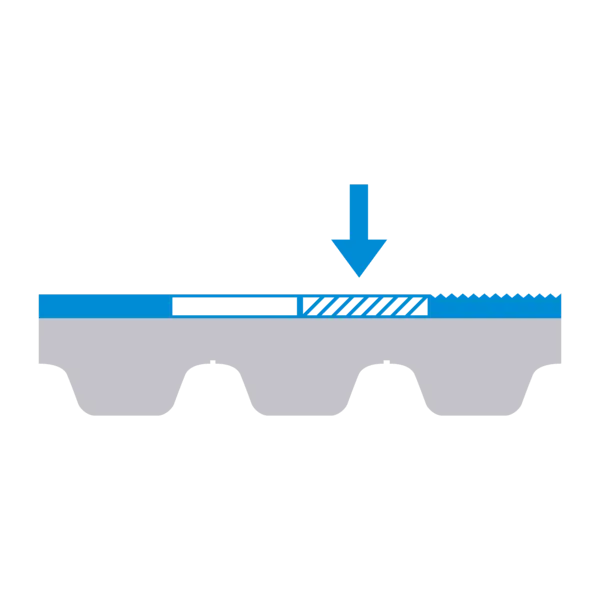 Symbol einer Transportbandoberfläche mit grober, stark strukturierten Beschichtung und Pfeil nach unten – steht für eine robuste, grobe Oberfläche mit hoher Griffigkeit.