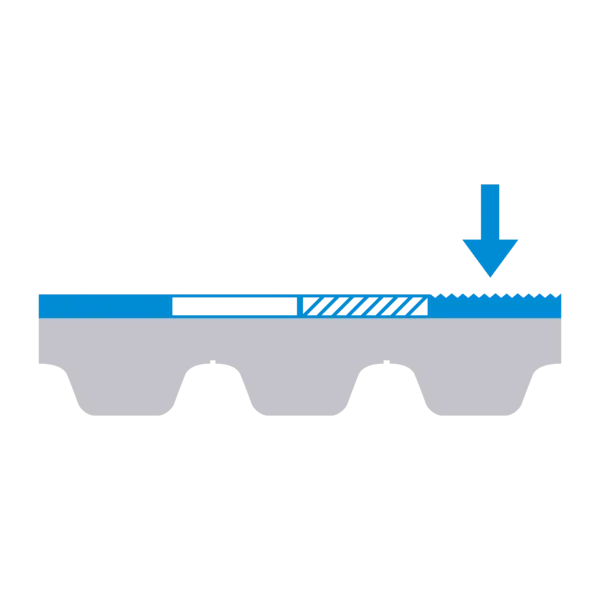 Symbolgrafik einer Querschnittsfläche mit rauer Textur und einem Pfeil nach unten – kennzeichnet eine raue Materialoberfläche.
