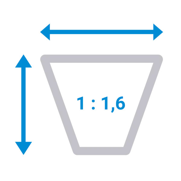 Symbolgrafik mit einem grauen Oval und der Beschriftung 1 : 1,6 in der Mitte, dazu blaue Pfeile für Höhe und Breite – Hinweis auf das Höhen-Breiten-Verhältnis.