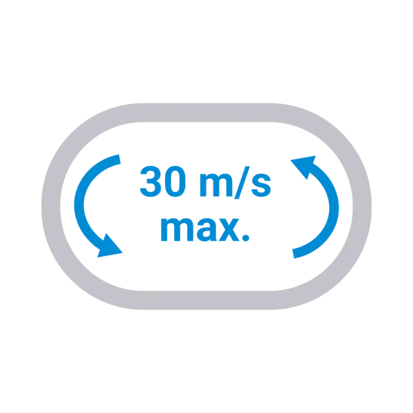 „Symbolgrafik mit der Aufschrift 30 m/s max. und zwei blauen Pfeilen im Kreis, als Hinweis auf die maximale Riemengeschwindigkeit.
