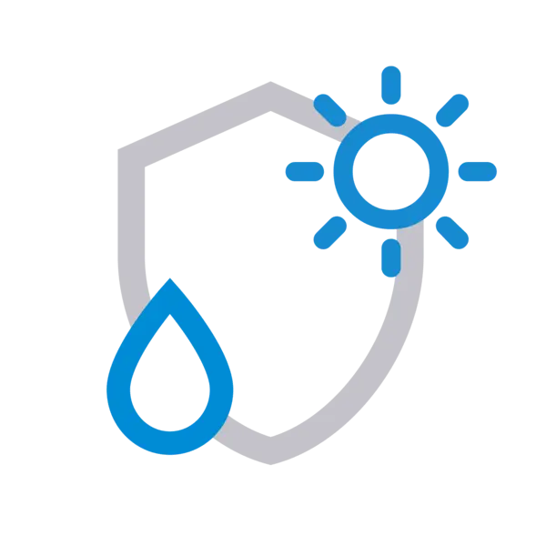 Symbolgrafik eines Schutzschilds mit Wassertropfen und Sonne – steht für hohe Korrosionsbeständigkeit sowie Schutz vor Feuchtigkeit und Umwelteinflüssen.