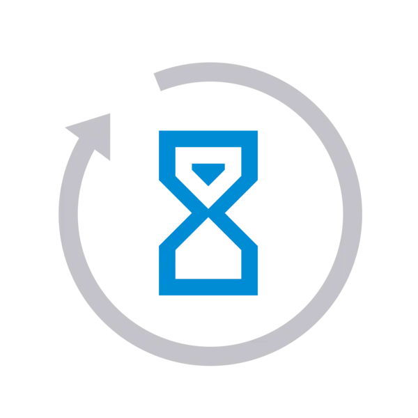 Sanduhr-Symbol in einem grauen Kreis mit Pfeil.