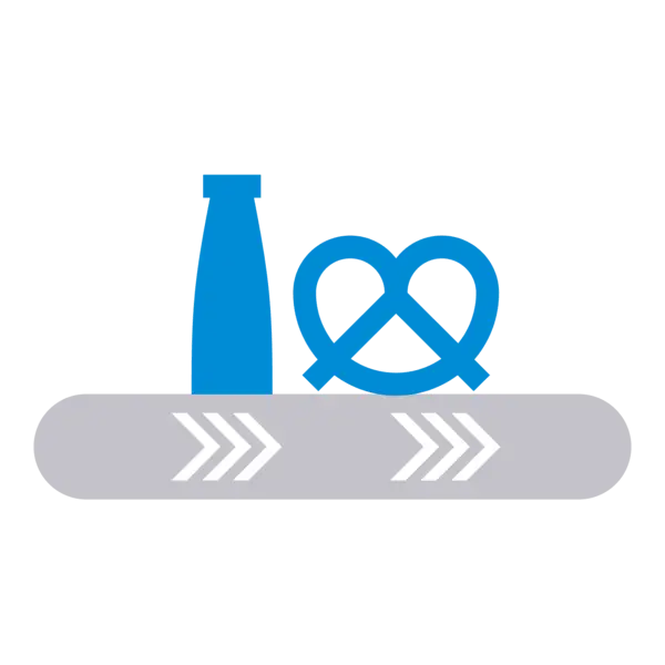 Symbolgrafik mit einem Förderband, auf dem eine Flasche und eine Brezel liegen – kennzeichnet die Eignung des Produkts für den Einsatz in der Lebensmittelindustrie.