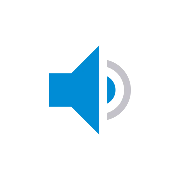 Symbol eines Lautsprechers in Blau mit grauen Schallwellen auf weißem Hintergrund.