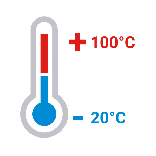 Grafische Darstellung eines Thermometers mit blauem Bereich bis –20 °C und rotem Bereich bis +100 °C