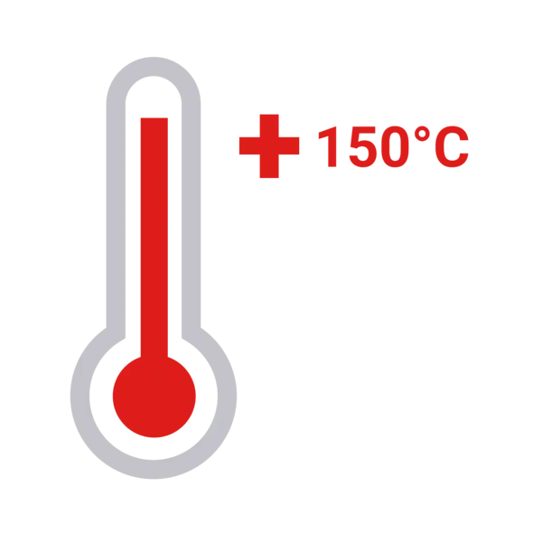 Symbolgrafik eines roten Thermometers mit der Aufschrift +150 °C – steht für eine maximale Temperaturbeständigkeit bis 150 Grad Celsius.