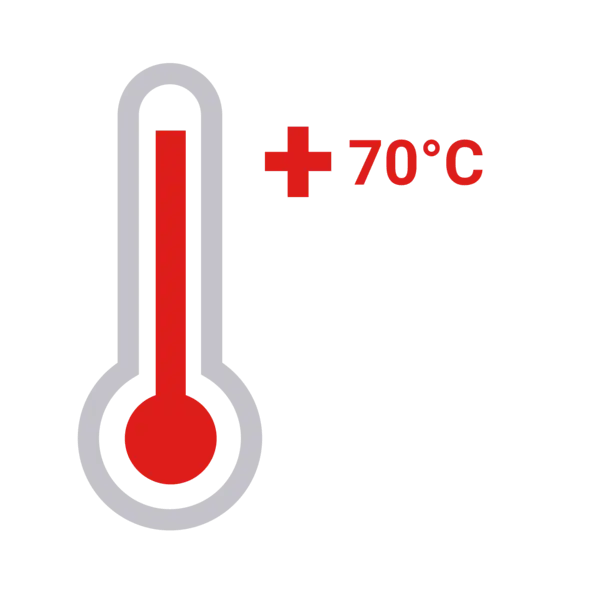 Symbolgrafik eines roten Thermometers mit der Aufschrift +70 °C – steht für eine maximale Temperaturbeständigkeit bis 70 Grad Celsius.