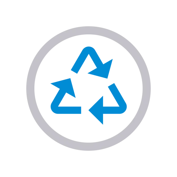 Symbol eines Recyclingzeichens mit drei kreisförmig angeordneten Pfeilen – steht für Wiederverwertbarkeit und nachhaltige Materialnutzung.