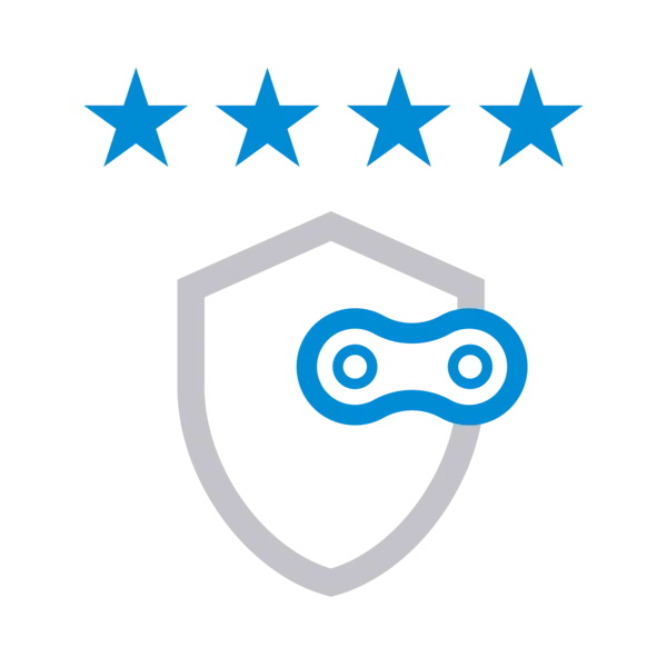 Graues Schildsymbol mit einer blauen Fahrradkette in der Mitte und fünf blauen Sternen darüber