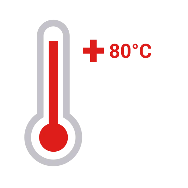 Symbolgrafik eines roten Thermometers mit der Aufschrift +80 °C – steht für eine maximale Temperaturbeständigkeit bis 80 Grad Celsius.