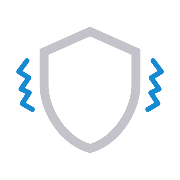 Symbolgrafik mit Schutzschild und seitlichen Schwinglinien – steht für hohe Vibrationsbeständigkeit und zuverlässigen Einsatz bei Erschütterungen.