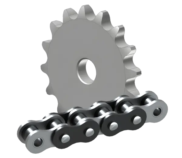 Einzelnes Kettenrad mit zentraler Bohrung und seitlicher Nabe, mit passender Rollenkette.