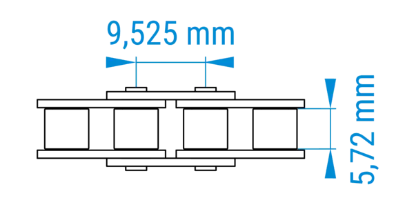 Technische Zeichnung einer Rollenkette in mit bemaßten Abständen der Teilung im 06B-Profil nach DIN