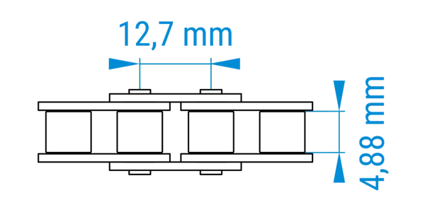 Technische Zeichnung einer Rollenkette mit bemaßten Abständen der Teilung im Profil 083 nach DIN