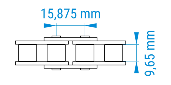 Technische Zeichnung einer Rollenkette in mit bemaßten Abständen der Teilung im 10B-Profil nach DIN