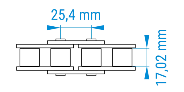 Technische Zeichnung einer Rollenkette in mit bemaßten Abständen der Teilung im 16B-Profil nach DIN