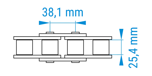 Technische Zeichnung einer Rollenkette in mit bemaßten Abständen der Teilung im 24B-Profil nach DIN