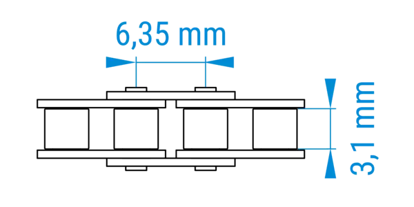 Technische Zeichnung einer Rollenkette mit bemaßten Abständen der Teilung im 04C-Profil nach DIN