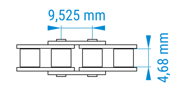 Technische Zeichnung einer Rollenkette mit bemaßten Abständen der Teilung im 06C-Profil nach DIN