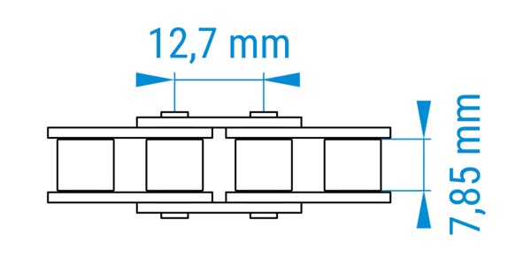 Technische Zeichnung einer Rollenkette mit bemaßten Abständen der Teilung im 08A-Profil nach DIN