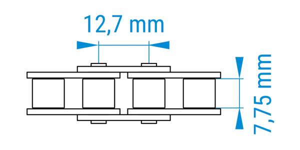 Technische Zeichnung einer Rollenkette mit bemaßten Abständen der Teilung im 08B-Profil nach DIN