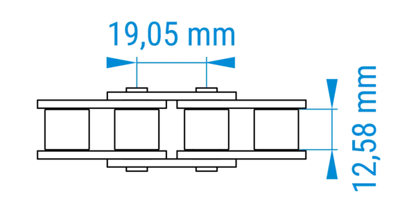 Technische Zeichnung einer Rollenkette mit bemaßten Abständen der Teilung im 12A-Profil nach DIN