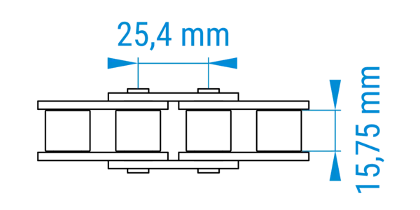 Technische Zeichnung einer Rollenkette mit bemaßten Abständen der Teilung im 16A-Profil nach DIN