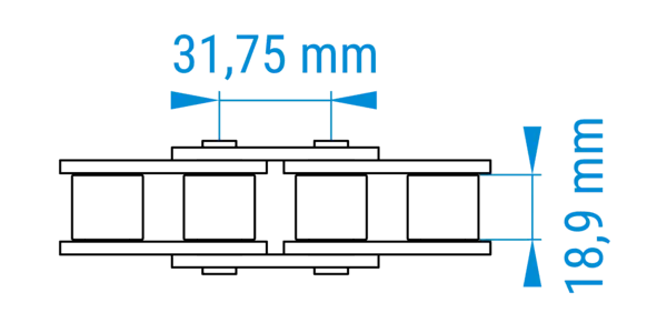 Technische Zeichnung einer Rollenkette mit bemaßten Abständen der Teilung im 20A-Profil nach DIN