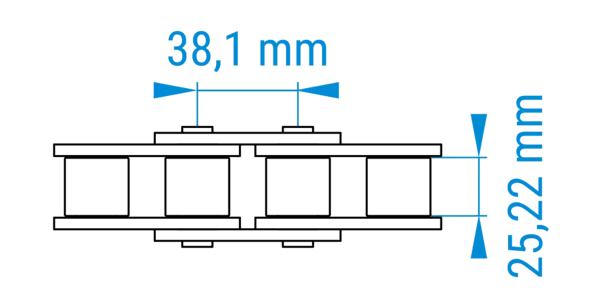 Technische Zeichnung einer Rollenkette mit bemaßten Abständen der Teilung im 24A-Profil nach DIN
