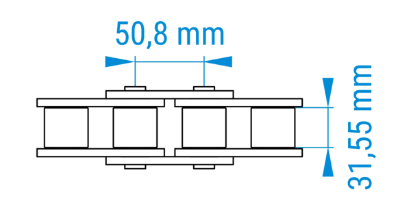 Technische Zeichnung einer Rollenkette mit bemaßten Abständen der Teilung im 32A-Profil nach DIN