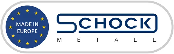 Logo mit blauem Kreis, auf dem "Made in Europe" steht, daneben der Text "Schock Metall".