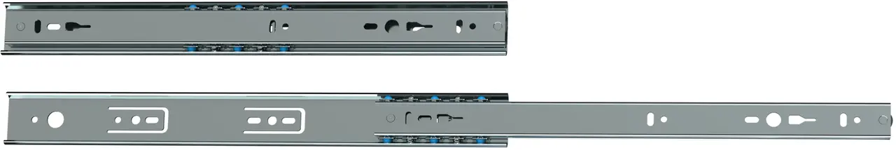Zwei Metallschienen für Schubladensysteme, eine vollständig ausgezogen, die andere geschlossen, mit blauen Kugeln.