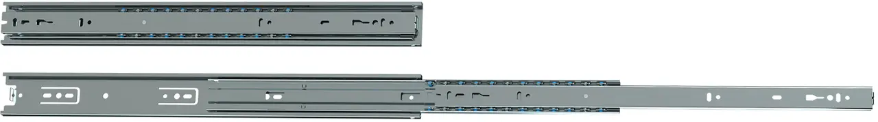 Zwei Schubladenschienen, eine in geschlossener und eine in vollständig ausgezogener Position, mit silberner Metalloptik und blauen Akzenten.