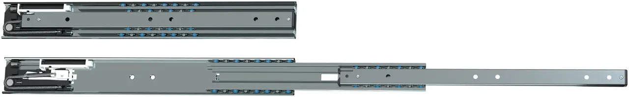 Zwei Teleskopschienen mit blauen Kugellagerrollen; eine Schiene ist zusammengedrückt, die andere vollständig ausgezogen.