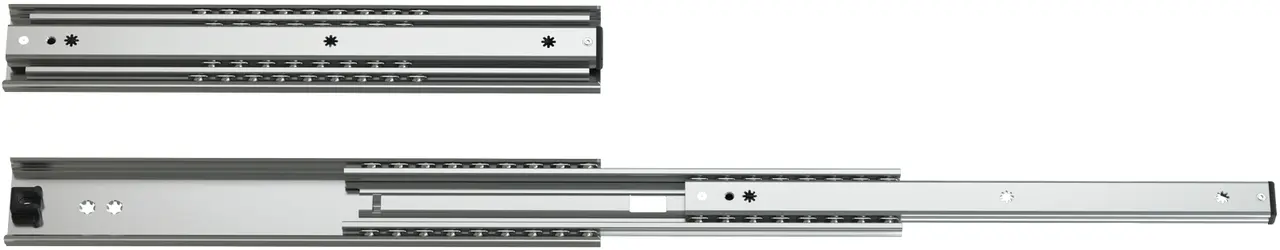 Zwei teleskopische Schubladenschienen, eine in komplett geschlossener Position und die andere vollständig ausgezogen, zeigen die Mechanik der Überauszüge.