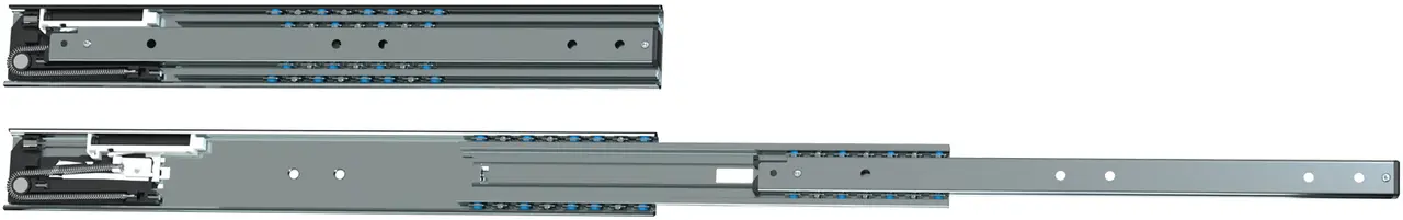 Zwei Teleskopschienen für Schubladen, teilweise ausgezogen, zeigen interne Mechanismen und blaue Rollen.