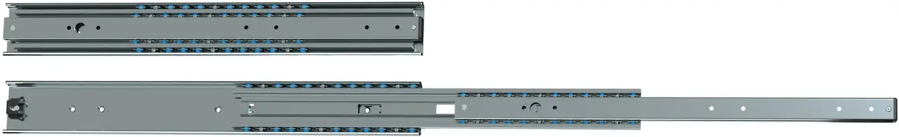 Zwei Teleskopschienen nebeneinander, eine im geschlossenen und eine im vollständig ausgezogenen Zustand, zeigen blaue Kugellager und graue Metallkonstruktion.