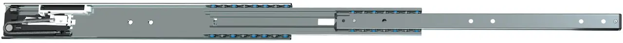 Teleskopschiene mit Self-Close- und Soft-Close-Mechanismus in ausgezogener Position, mit Kugeln und Befestigungslöchern.