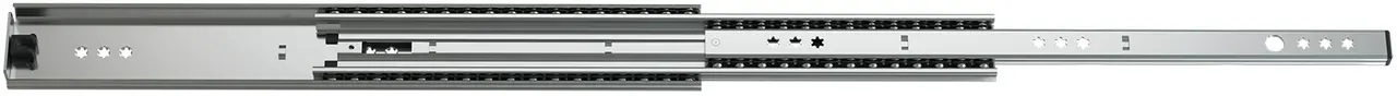 Ausgezogene Schwerlastauszugs-Schubladenschiene aus Metall mit mehreren Befestigungspunkten und kugelgelagerten Schienen für reibungslose Bewegung.