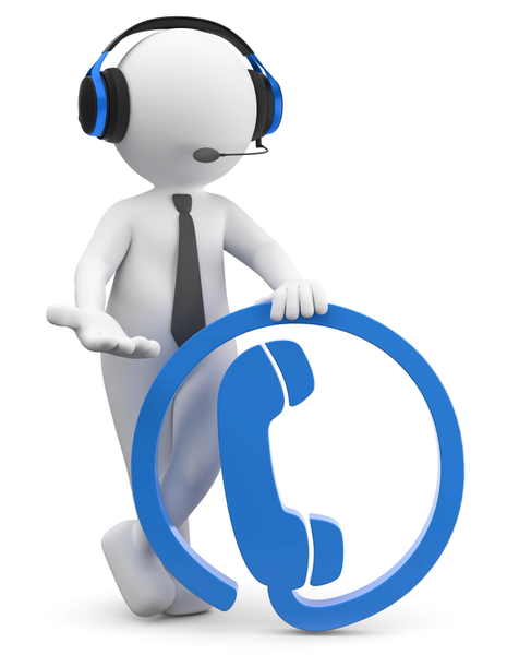 Stilisierte Figur mit Headset und Krawatte lehnt an einem großen, blauen Telefonhörer-Symbol, lächelnd und gestikulierend.