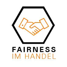 Zwei Hände schütteln sich innerhalb eines sechseckigen Rahmens, darunter der Text "FAIRNESS IM HANDEL".