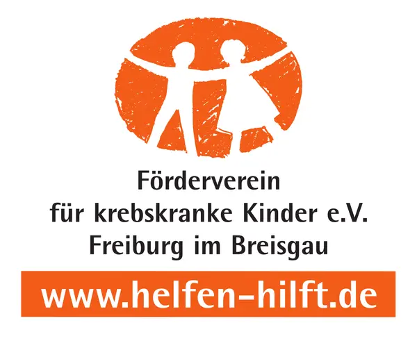 Zwei stilisierte, orange Menschenfiguren halten sich an den Händen über dem Text "Förderverein für krebskranke Kinder e.V. Freiburg im Breisgau" und der Webseite "www.helfen-hilft.de".