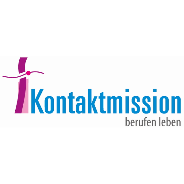 Logo der Kontaktmission mit stilisiertem rosa Kreuz und der Schrift "Kontaktmission berufen leben" in blauer und grauer Schrift.