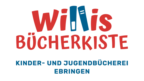 Logo von Willis Bücherkiste: Der Schriftzug ‚Willis‘ in roter und blauer verspielter Schrift, wobei zwei der Buchstaben als stilisierte Bücher dargestellt sind. Darunter steht ‚Bücherkiste‘ in Rot sowie ‚Kinder- und Jugendbücherei Ebringen‘ in Blau.
